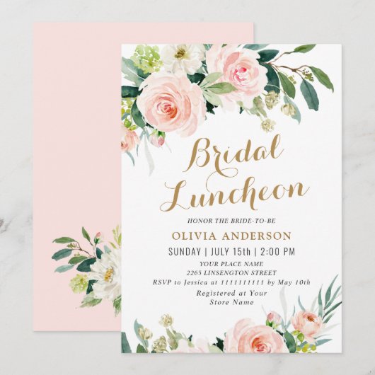 Roze Bloemen Watercolor Bruiloft Luncheon Kaart (Voorkant / Achterkant)