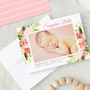 Roze Bloemen Waterverf Baby Meisje Foto Geboorte Aankondiging
