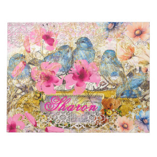 Roze Bloemen Waterverf Blauwe Vogel Naam Kant Coll Notitieblok
