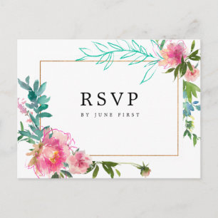 Roze Bloemen Waterverf Bruiloft RSVP Reactie Uitnodiging Briefkaart