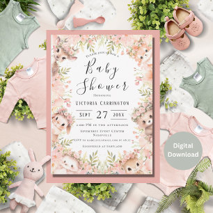 Roze Bloemen Waterverf Dieren Baby shower Kaart