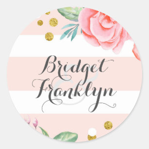 Roze Bloemen Waterverf Gouden Confetti Strepen Swe Ronde Sticker