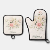 Roze Bloemen Waterverf groen Script personaliseren Ovenwant & Pannenlap Set (Voorkant)
