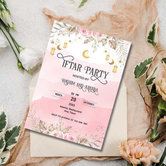 Roze Bloemen Waterverf Lantaarn Iftar Uitnodiging