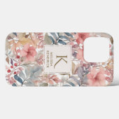 Roze Bloemen Waterverf Monogram Naam Case-Mate iPhone Case (Achterkant (horizontaal))