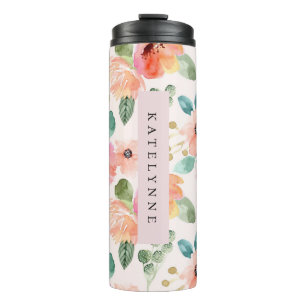 Roze Bloemen Waterverf Reizen Thermische Tumbler Thermosbeker