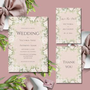 Roze Bloemen Waterverf Vintage bruiloft Kaart