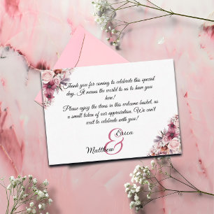 Roze Bloemen Welkom Gift Bag Mand Place Card Informatiekaartje