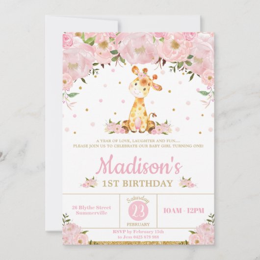 Roze Bloemen Whimsical Giraffe Meisje Verjaardagsf Kaart (Voorkant)