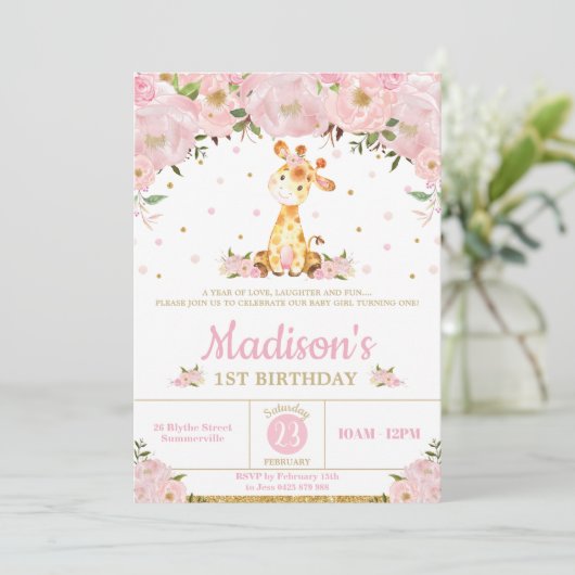 Roze Bloemen Whimsical Giraffe Meisje Verjaardagsf Kaart (Staand voorkant)