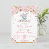 Roze Bloemen Whimsical Olifant Meisje Baby shower Kaart (Staand voorkant)