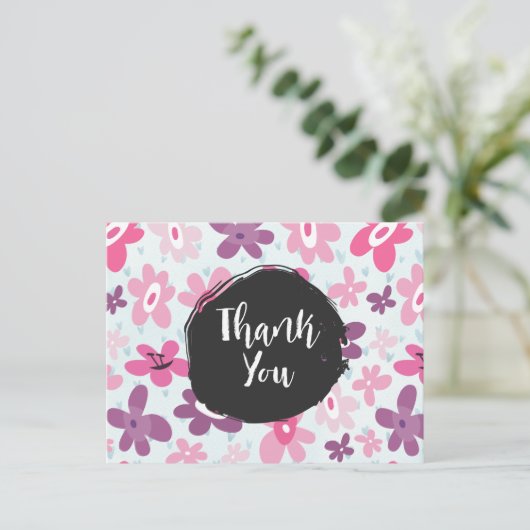 Roze bloemen Whimsical Retro Pattern Dank u Briefkaart (Staand voorkant)