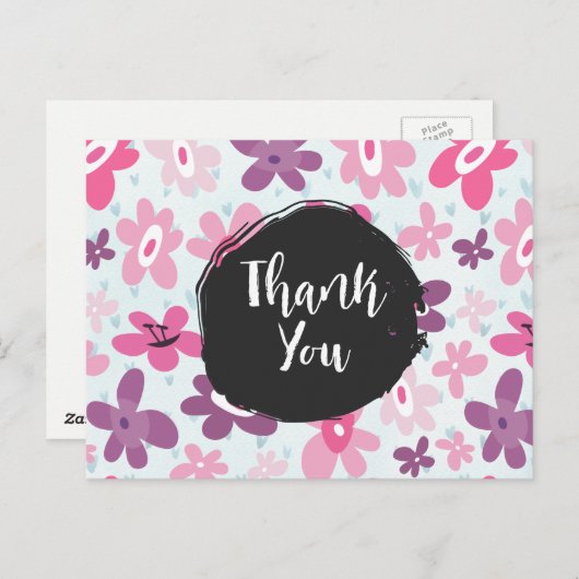 Roze bloemen Whimsical Retro Pattern Dank u Briefkaart (Voorkant / Achterkant)