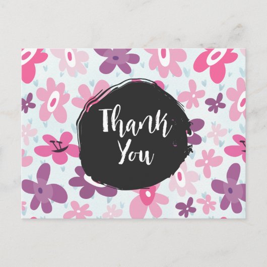 Roze bloemen Whimsical Retro Pattern Dank u Briefkaart (Voorkant)
