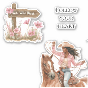 Roze Bloemen Wild West Meisje op paard Sticker