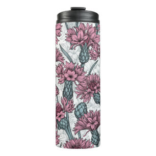 Roze bloemen, wilde bloemen op wit thermosbeker