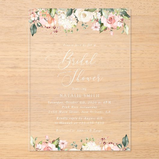 Roze bloemen, witte bloemen, Boho, Vrijgezellenfee Acryl Uitnodigingen (Voorkant)