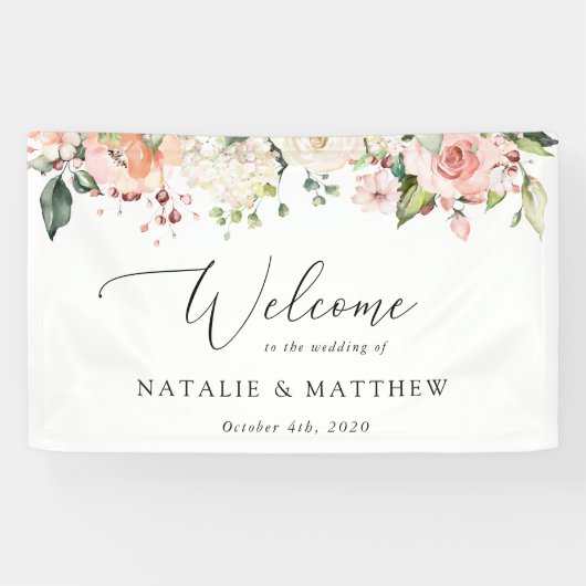 Roze bloemen, Witte bloemen, Boho, Weddenschap Spandoek (Horizontaal)