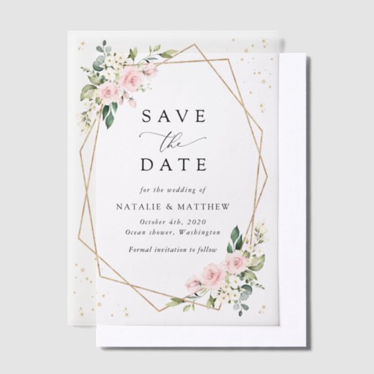 Roze bloemen, witte bloemen, bruiloft save the dat vellum uitnodigingen (Offset)