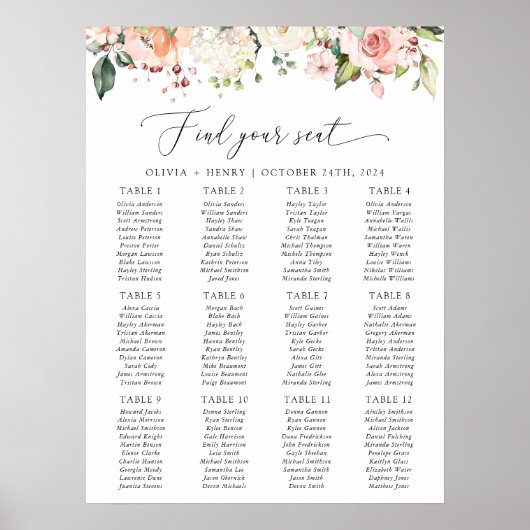 Roze Bloemen, Witte Bloemen, Bruiloft Zitkaarten Poster (Voorkant)