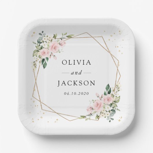Roze bloemen, witte bloemen, groen, bruiloft papieren bordje (Voorkant)