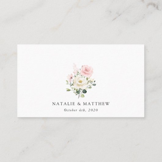 Roze bloemen, witte bloemen, groen, bruiloft plaatskaartje (Achterkant)
