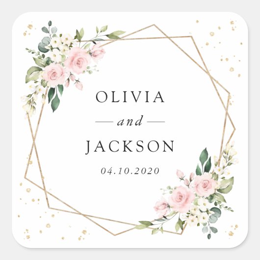 Roze bloemen, witte bloemen, groen, bruiloft vierkante sticker (Voorkant)