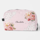 Roze bloemen witte kant toilettasje (Voorkant)