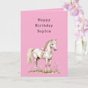 Roze Bloemen Witte Paard Cowgirl Verjaardag Kaart