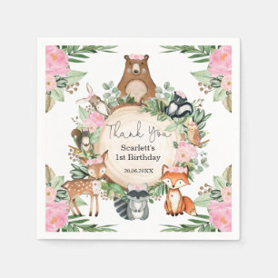 Roze Bloemen Woodland Dieren Baby Girl Verjaardag Servet
