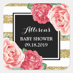 Roze Bloemen Zwart Goud Baby shower Favor Tag