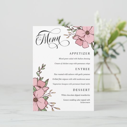 roze bloemen Zwirly Script Weddenschap Menu (Staand voorkant)