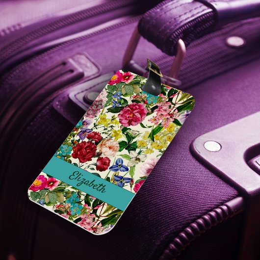  roze bloemenbeige patroonmonogram bagagelabel