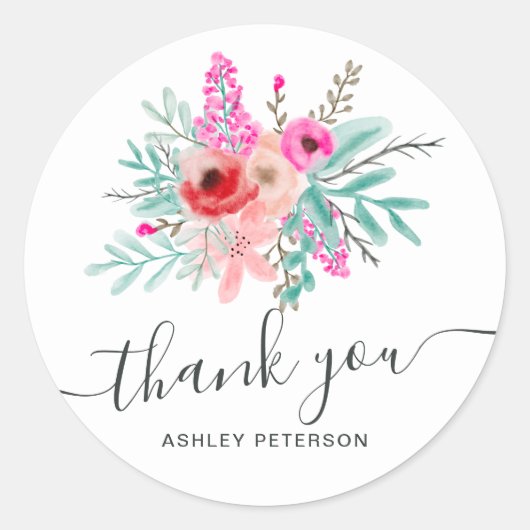 Roze bloemenboeket waterverf trendy Bedankt Ronde Sticker (Voorkant)