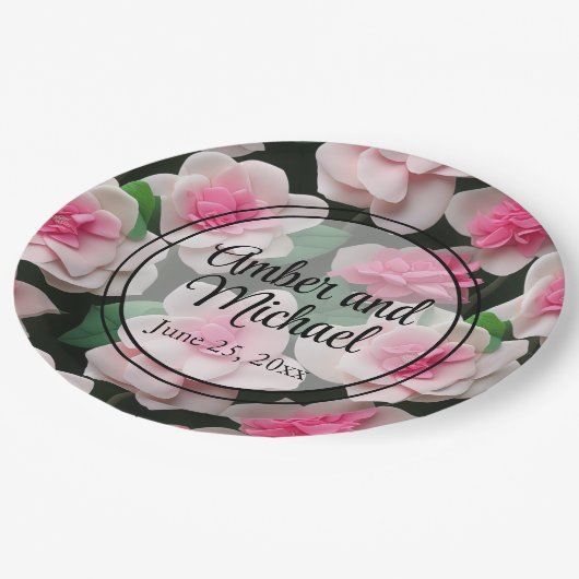 roze bloemenboho groen patroon papieren bordje (Gekanteld)