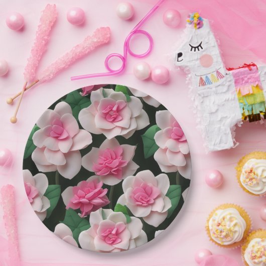  roze bloemenboho groen patroon papieren bordje (Feest)