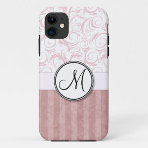 Roze BloemenBosjes & Strepen met Monogram iPhone 11 Hoesje