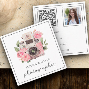Roze Bloemencamera Foto QR Code Fotograaf Vierkante Visitekaartje