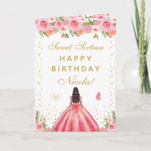 Roze Bloemendek Donkere Huid Meisje Sweet Sixteen Kaart