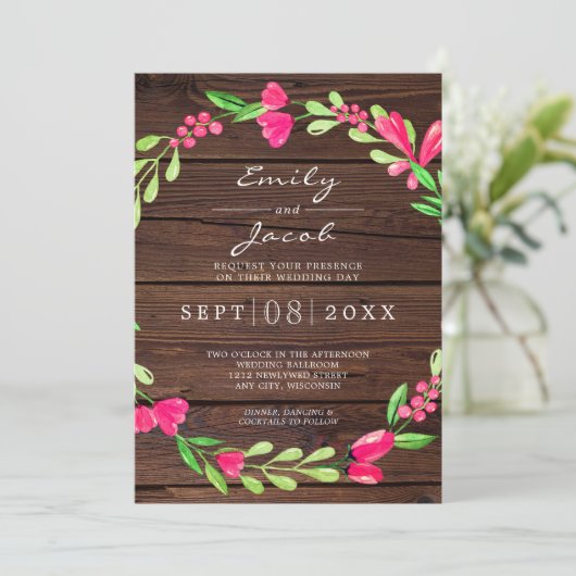 Roze bloemendonk bruin rustiek hout landelijke tro aankondiging (Staand voorkant)