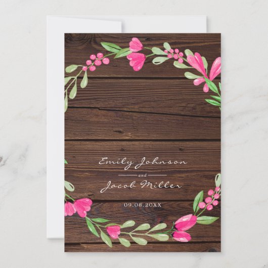 Roze bloemendonk bruin rustiek hout landelijke tro aankondiging (Achterkant)