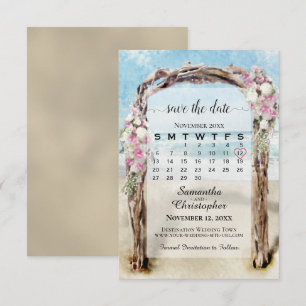 Roze bloemendriftwood strandprieel kalender bruilo save the date