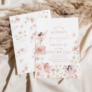 Roze Bloemenfee Eerste verjaardag Uitnodiging