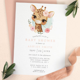 Roze Bloemengiraffe Waterverf Meisje Baby Shower Kaart