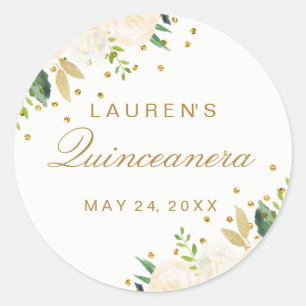 Roze bloemengoud Glitter Quinceanera Ronde Sticker