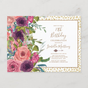 Roze Bloemengoudglitter 70e verjaardag in Bourgond Uitnodiging Briefkaart