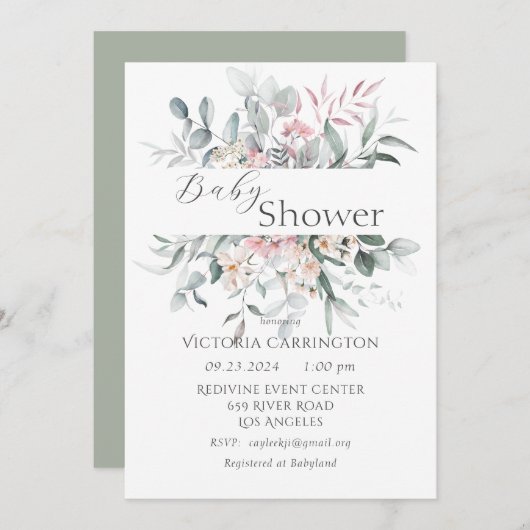 Roze Bloemengroen Elegant Baby shower Kaart (Voorkant / Achterkant)