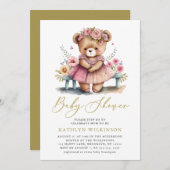 Roze Bloemengroen Elegant Script Baby shower Kaart (Voorkant / Achterkant)