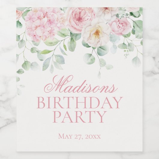 Roze Bloemenhortensia Botanische Bloom Verjaardag Wijn Etiket (Enkel label)