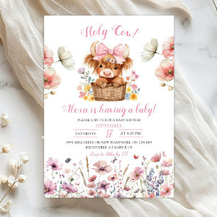 Roze bloemenkalfstier babyshower uitnodiging